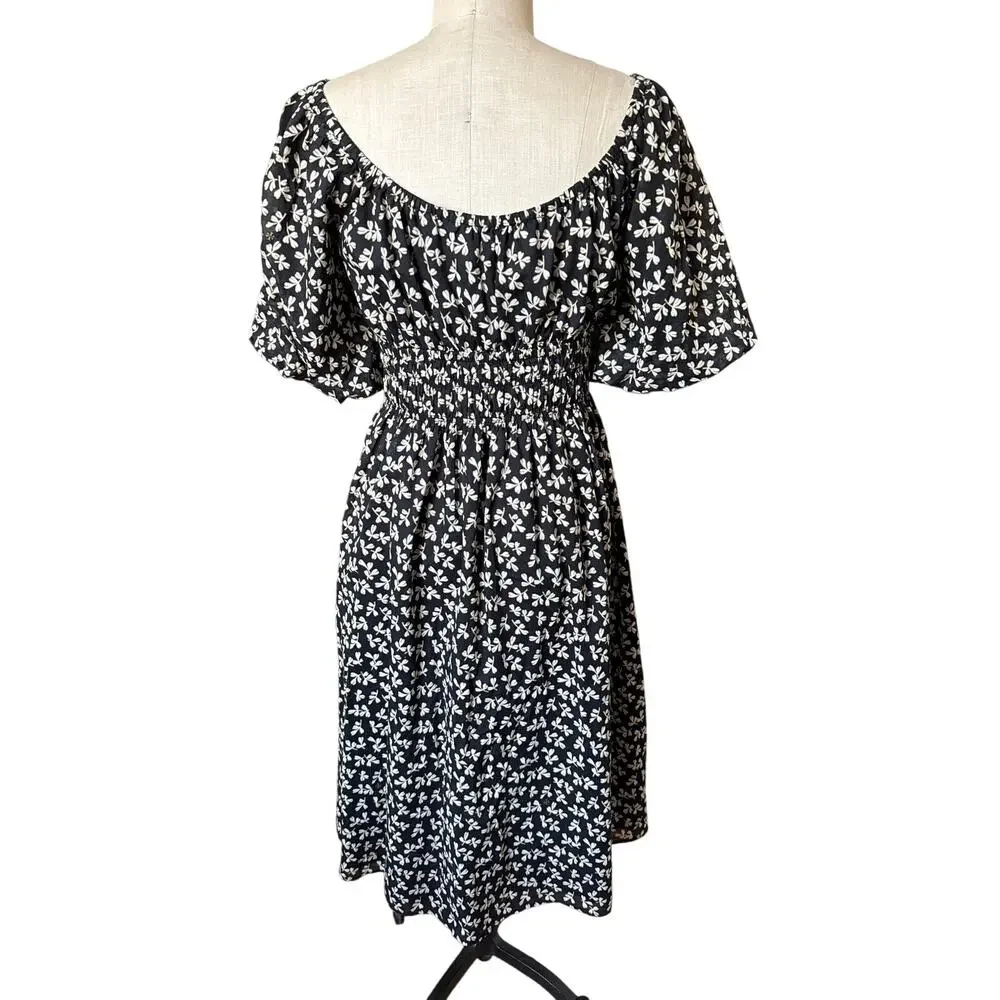 Tory Burch Smocked Midi Dress in Black Little Leaves Size Large
